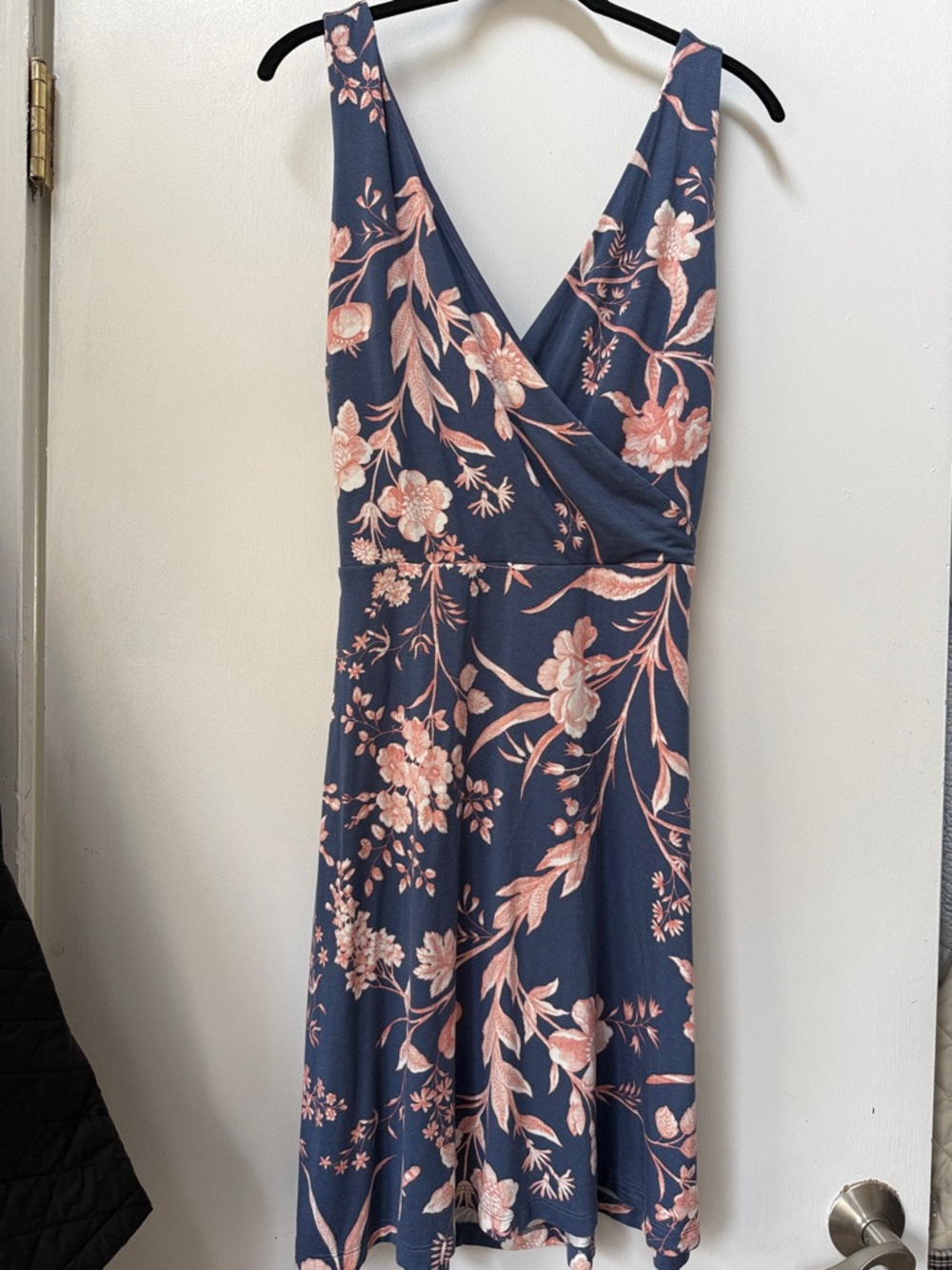 LOFT Navy Midi Dress with Blush Pink Floral Print